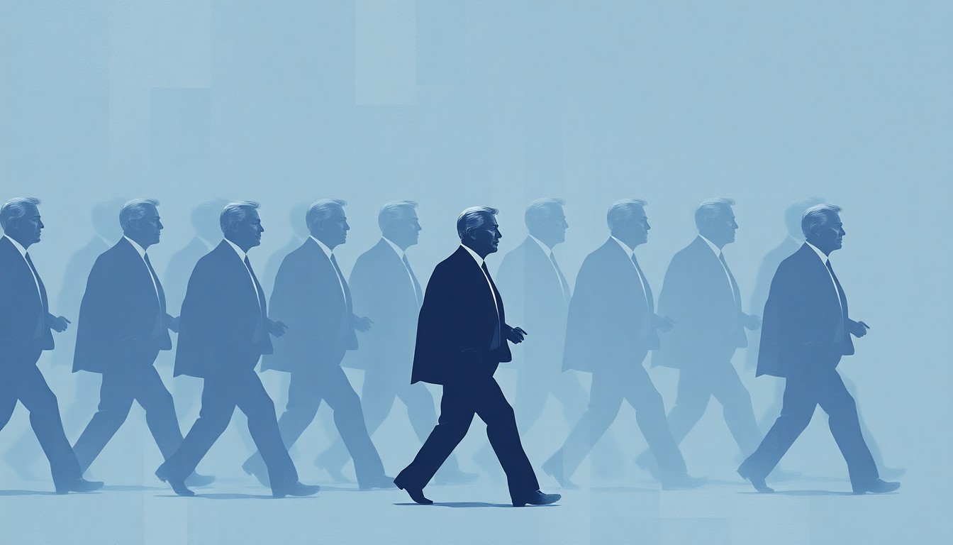 A fractured, abstract painting of a politician's silhouette in motion, repeated in overlapping geometric shapes and muted colors, conveying a sense of political instability and turmoil.