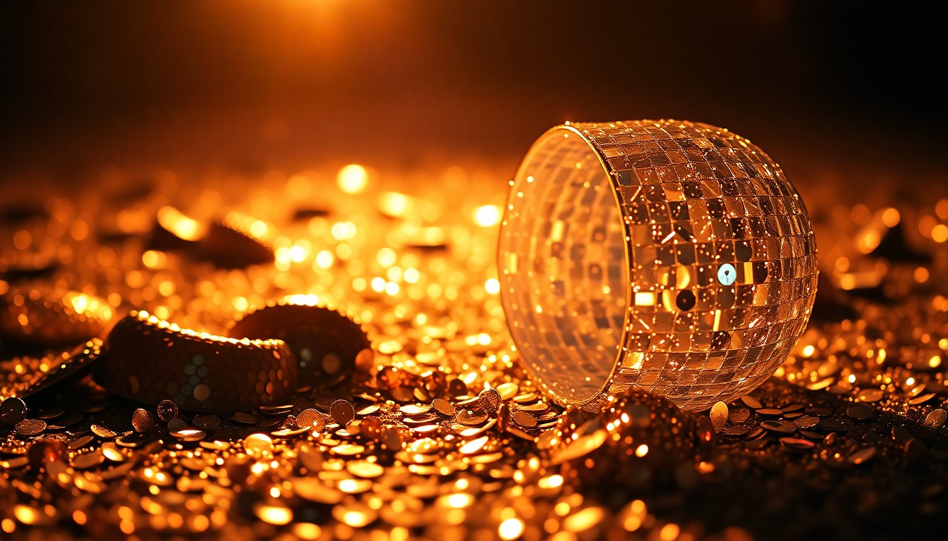 An extreme close-up photograph of sparkling sequins and shattered glass in high-contrast studio lighting, conceptually representing the glitz and excitement of Coachella's music festival.