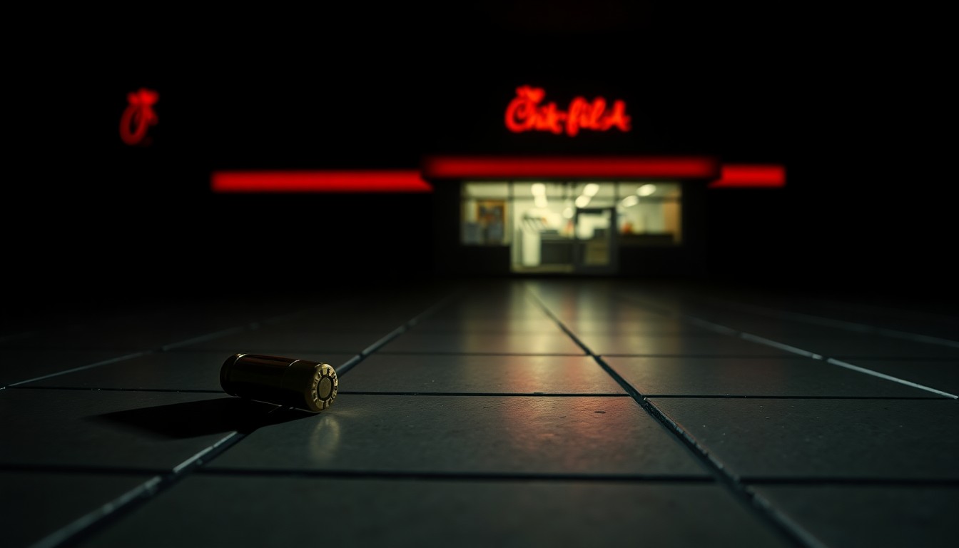An extreme close-up photograph of a single bullet casing lying on the tiled floor of a Chik-fil-A restaurant, the harsh flash lighting creating a stark, gritty, investigative aesthetic that conceptually illustrates the aftermath of a public shooting.