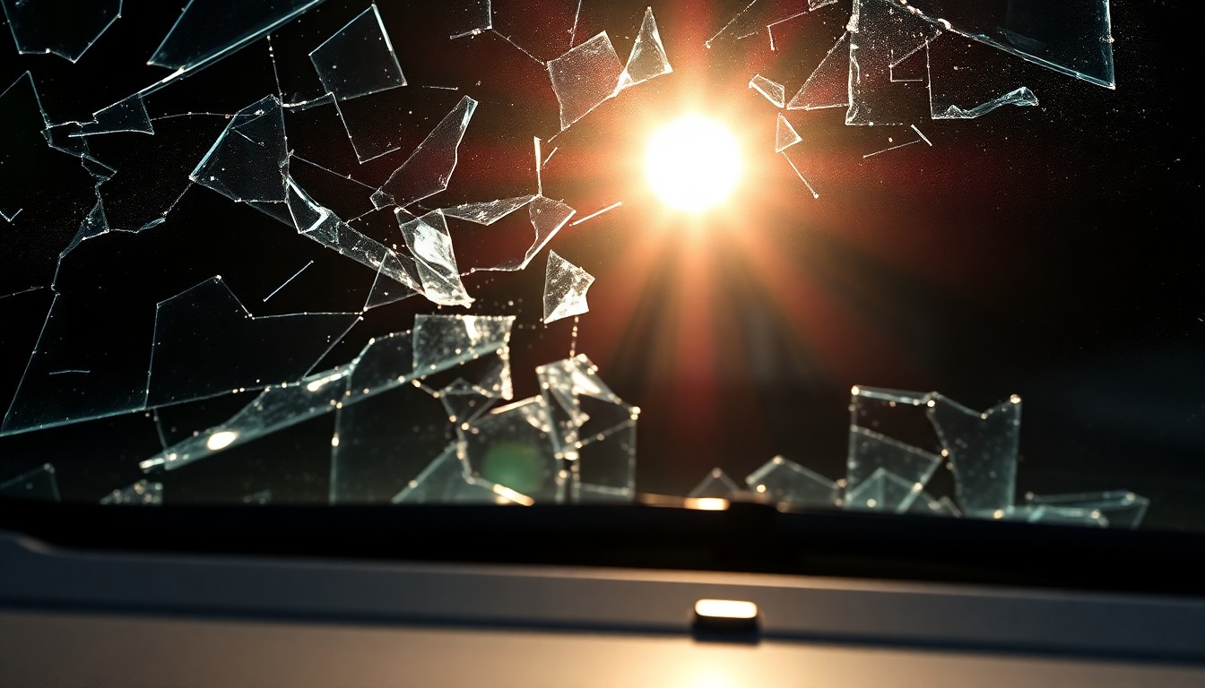 An extreme close-up photograph of a shattered car windshield reflecting the harsh glare of a camera flash, conceptually representing the sudden and tragic nature of this accident.