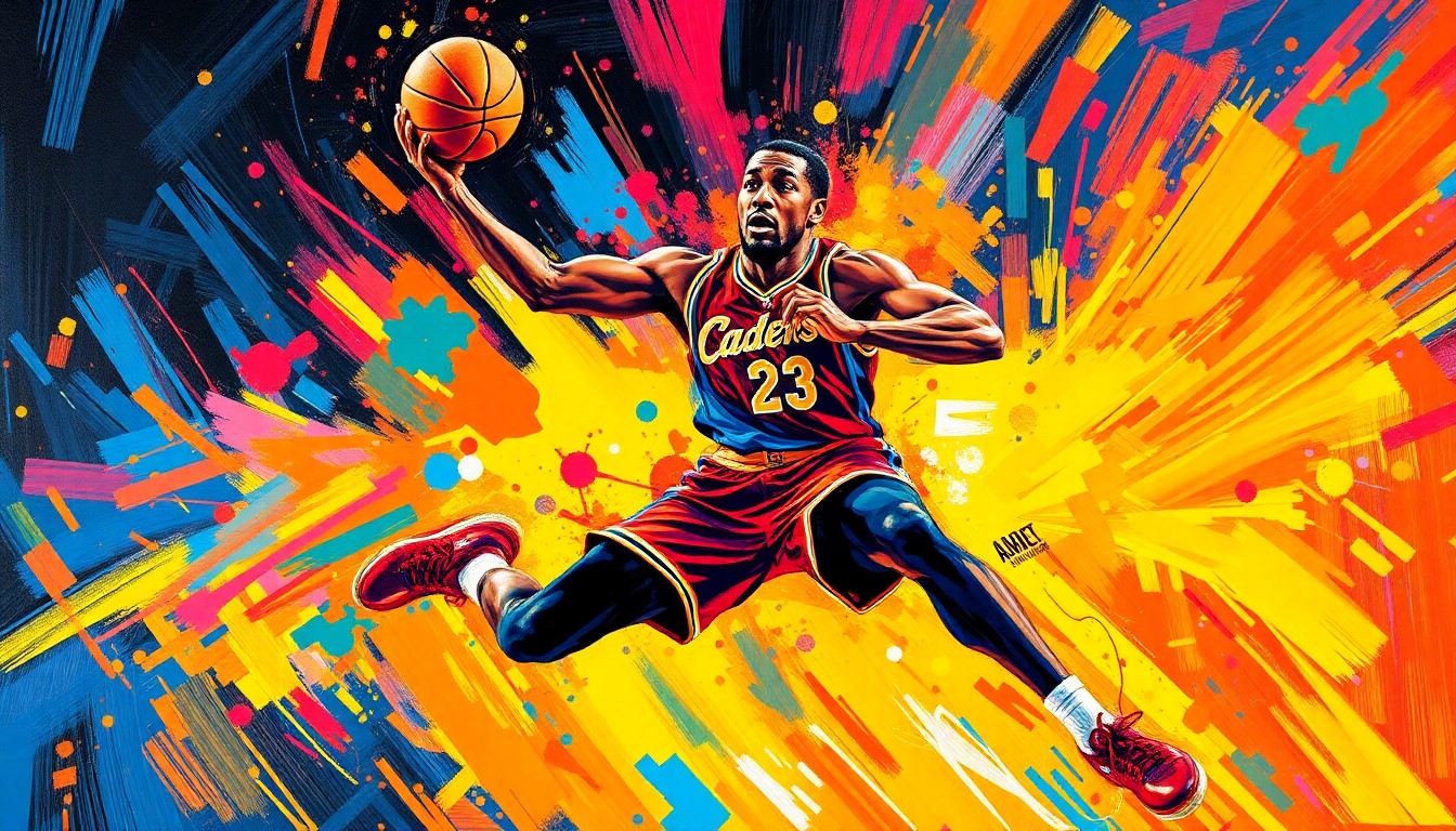 An energetic, expressionist painting in vibrant neon colors depicting the dynamic movements and raw athletic energy of a basketball player during a high-scoring game, conceptually representing Stephon Castle's record-breaking 40-point triple-double performance.