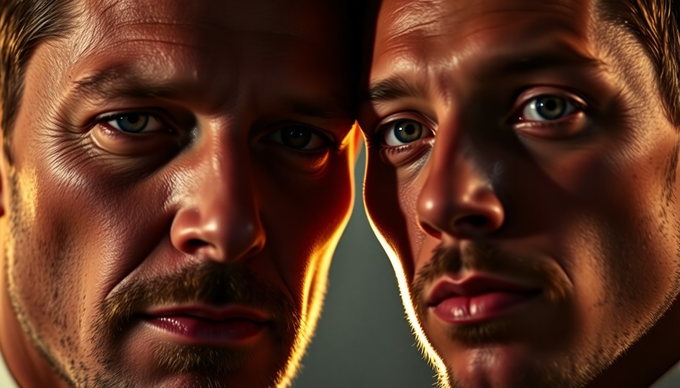 An extreme close-up photograph of two faces, one older and one younger, captured in dramatic high-contrast studio lighting to emphasize their uncanny resemblance, conveying the special connection between a famous actor and his son.