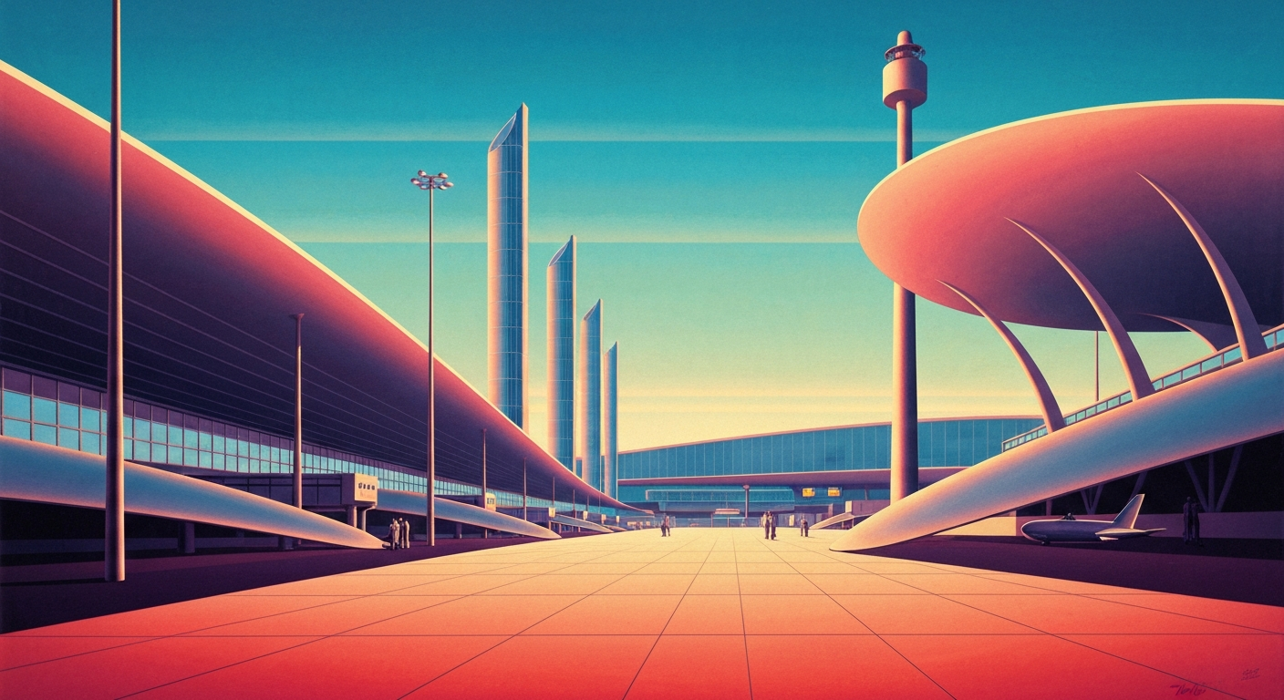 A highly stylized, geometric illustration depicting the grand scale and sweeping forms of an airport terminal, conveying the sense of travel and community that draws Wyoming flyers to smaller regional airports.