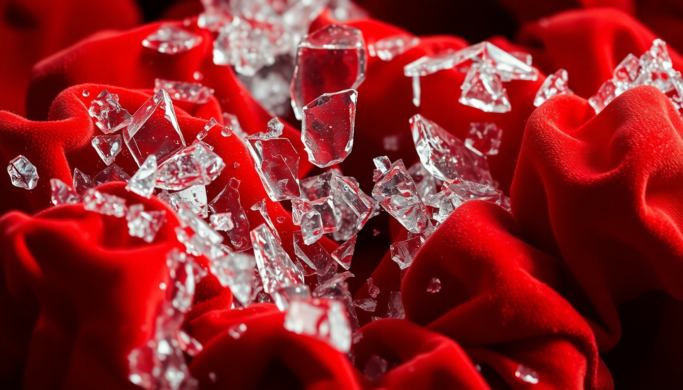 An extreme, abstract close-up photograph of shattered glass and crumpled velvet textures in high-contrast studio lighting, conceptually representing the fragility and impermanence of life.