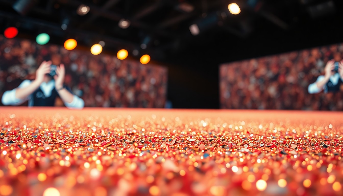 An extreme close-up of shimmering, reflective textures like sequins or broken glass, capturing the luxurious and celebratory mood of a television production studio.