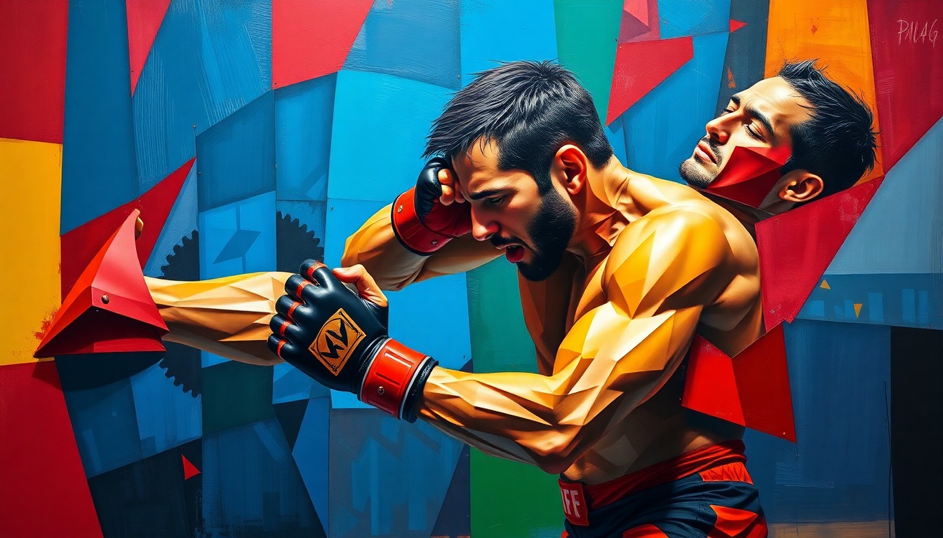 A cubist, geometric painting depicting an MMA fighter performing a submission hold, with the figure broken down into sharp, overlapping planes of color, capturing the dynamic motion and technical complexity of the move.