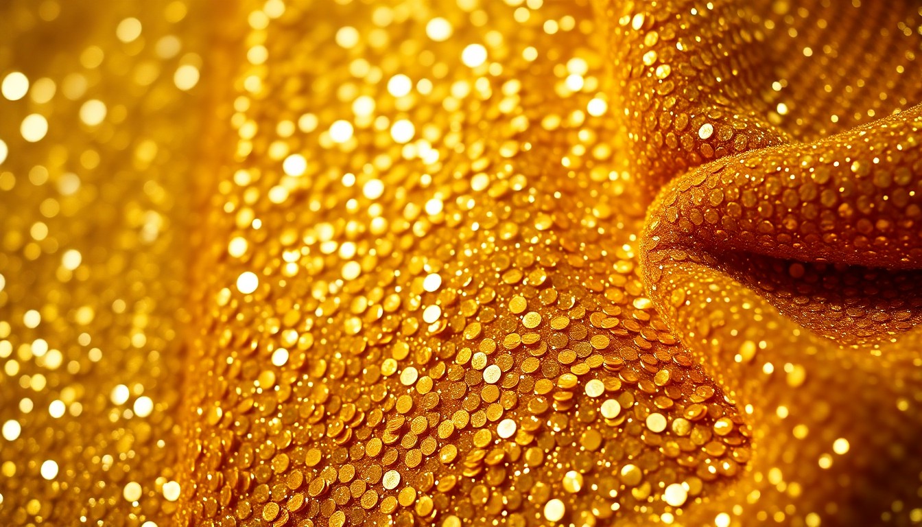 An extreme close-up photograph showcasing the intricate, shimmering textures of gold sequins and plush velvet, capturing the glamour and opulence of a high-profile awards show.