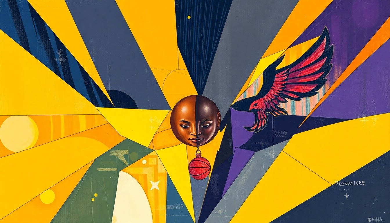 A fractured, geometric painting depicting a WNBA basketball game, with sharp, overlapping planes of navy blue, gold, purple, and orange representing the Indiana Fever and Phoenix Mercury players and action on the court.