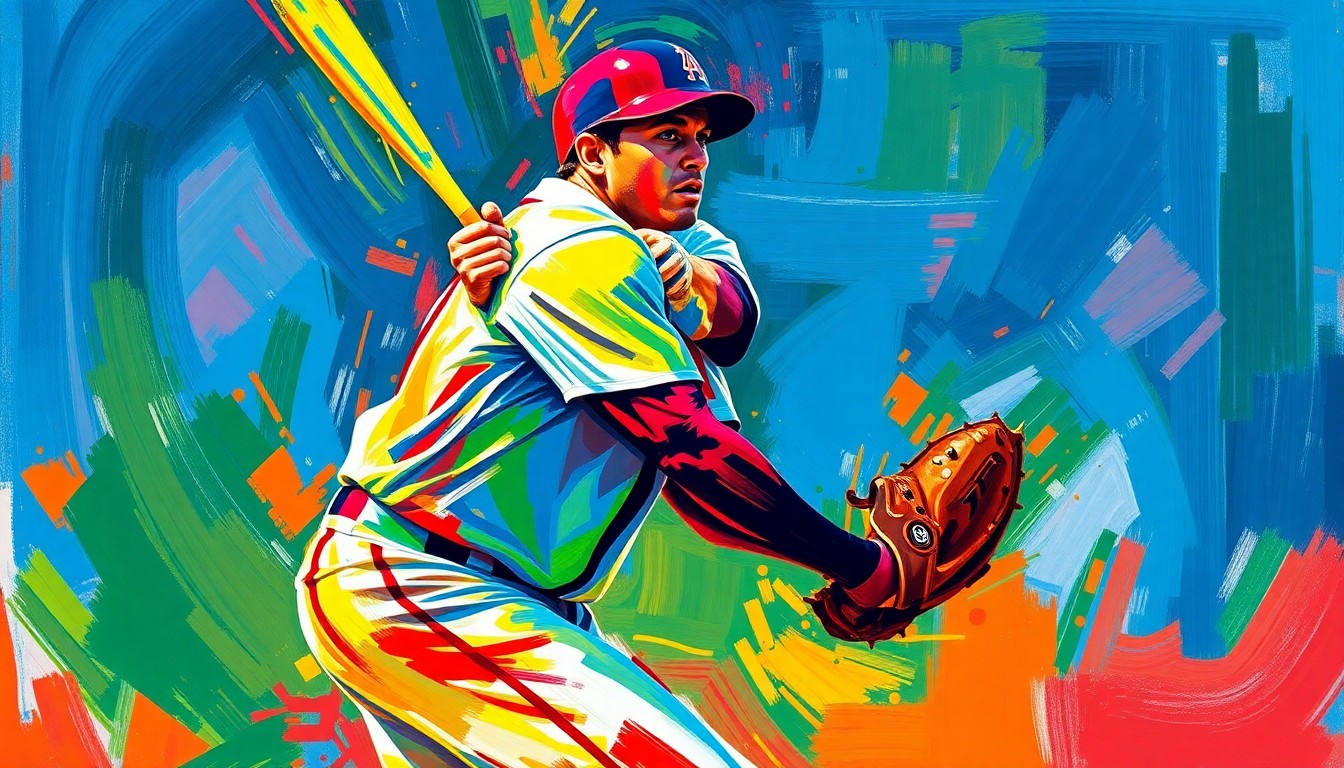 An abstract, expressionist painting in vivid neon colors, featuring dynamic brushstrokes and shapes that evoke the energy and passion of a baseball player or manager in action.