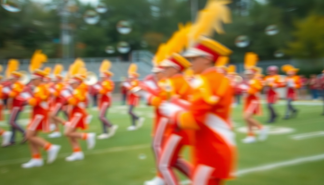 An abstract, out-of-focus image depicting blurred figures in colorful marching band uniforms performing on a football field, conveying a sense of energy and community pride.