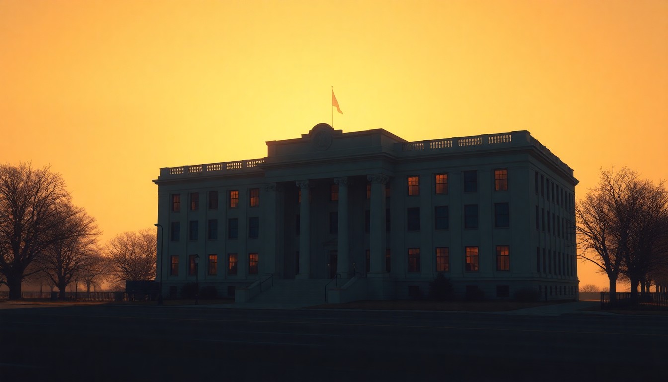 A photorealistic painting of a generic government building in muted tones, with dramatic lighting casting long shadows, conveying a sense of solemnity and contemplation about the implications of a leader's attempts to brand public spaces with their own name.