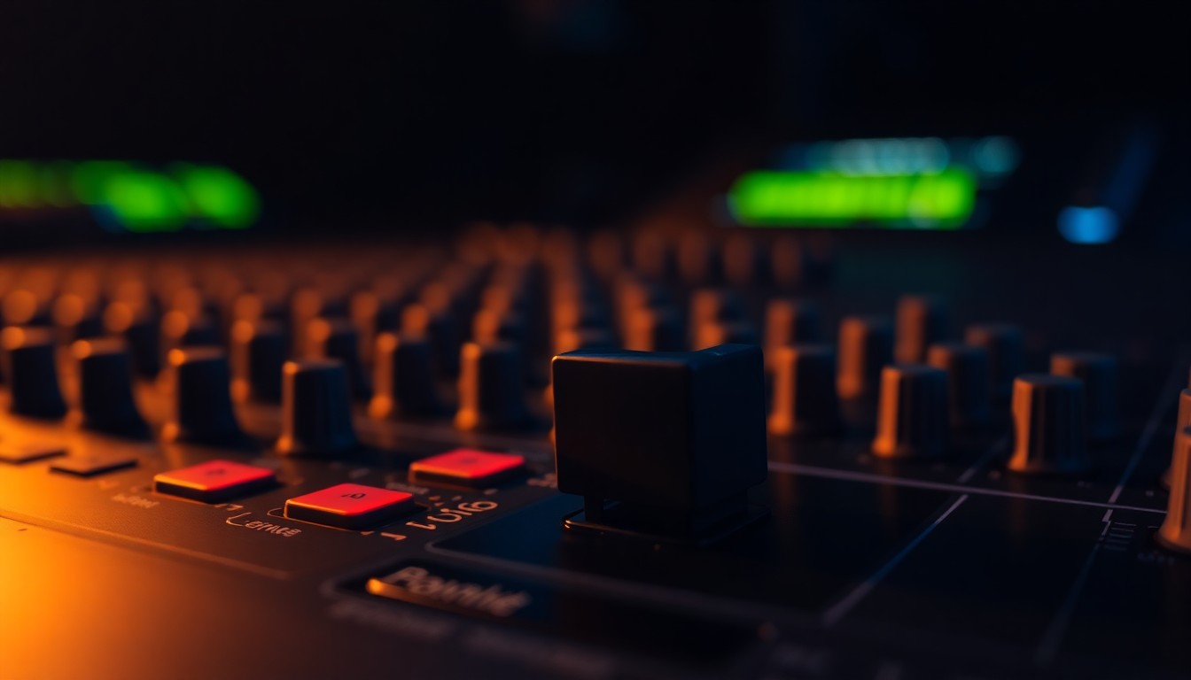 An extreme close-up photograph of a sound mixing console knob or slider, with dramatic lighting and shallow depth of field, conceptually representing the technical expertise of a sound engineer like Gillis.