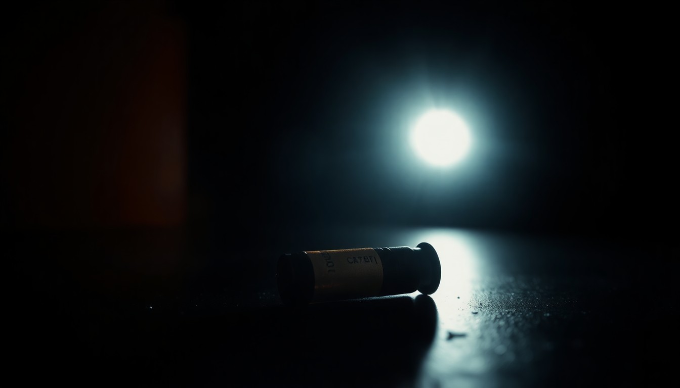 An extreme close-up photograph of a spent shell casing on the floor of an apartment, lit by a harsh, direct camera flash against a pitch-black background, creating a stark, gritty, investigative aesthetic.
