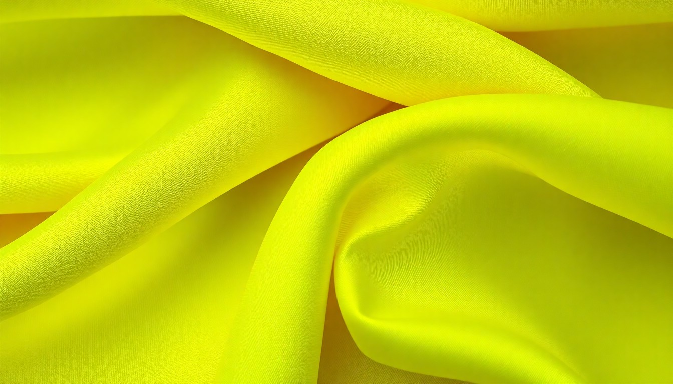 An abstract close-up photograph of a rich, textured chartreuse satin fabric, capturing the material's luxurious sheen and depth under dramatic studio lighting.