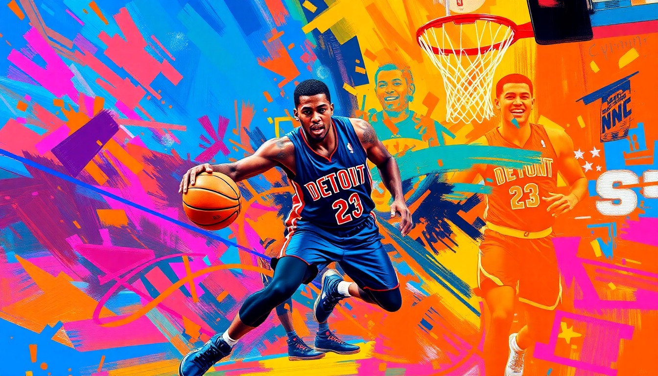 An abstract, expressionist painting depicting Cade Cunningham in dynamic basketball motion, with vibrant neon colors and energetic brushstrokes capturing the raw emotion and excitement of the Pistons' playoff run.