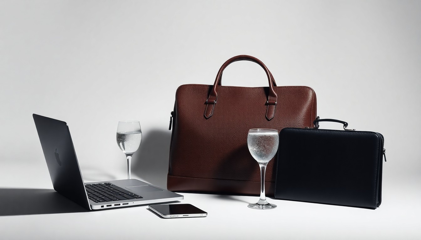 A high-end, photorealistic studio still-life photograph featuring a carefully arranged composition of premium business objects like a leather briefcase, sleek laptop, and glass of sparkling water on a clean, monochromatic background with dramatic lighting and deep shadows, conceptually representing the abstract themes of corporate strategy, finance, and risk.