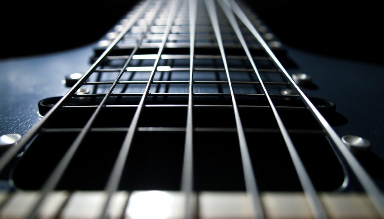 An extreme close-up photograph of the metal strings and fretboard of a guitar, capturing the intricate textures and reflections in dramatic high-contrast studio lighting to convey the passion and resilience of a musician facing health challenges.
