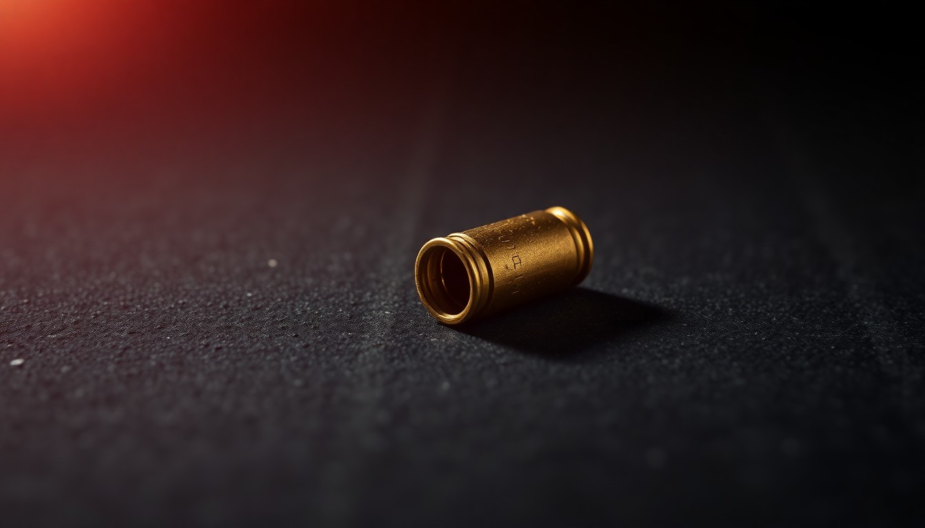 An extreme close-up of a shiny, metallic bullet casing against a rough, dark surface, dramatically lit by a harsh flash to create a stark, gritty aesthetic that reflects the gravity of the recent shootings.