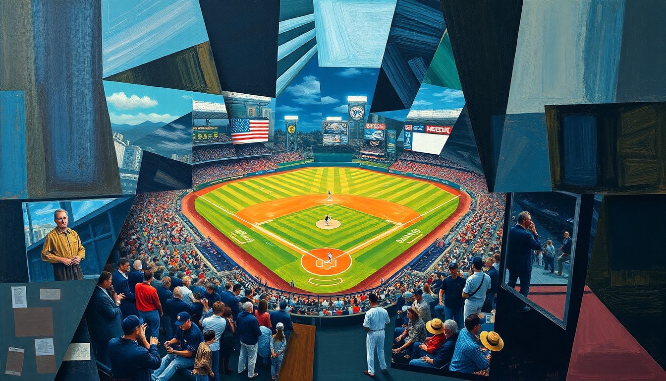 A cubist, fragmented painting depicting the dynamic movements and action of a baseball game, with sharp, overlapping geometric shapes in shades of blue, red, and yellow.