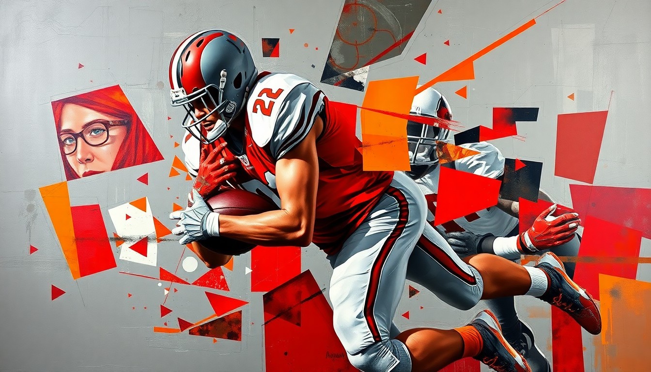 A fragmented, geometric painting depicting the abstract motion and energy of a football player making a defensive play, rendered in a cubist style with bold colors.