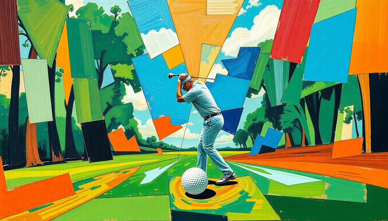 A cubist-style painting featuring fragmented, geometric shapes in shades of green, blue, and orange, conceptually representing the dynamic and innovative world of golf simulators.