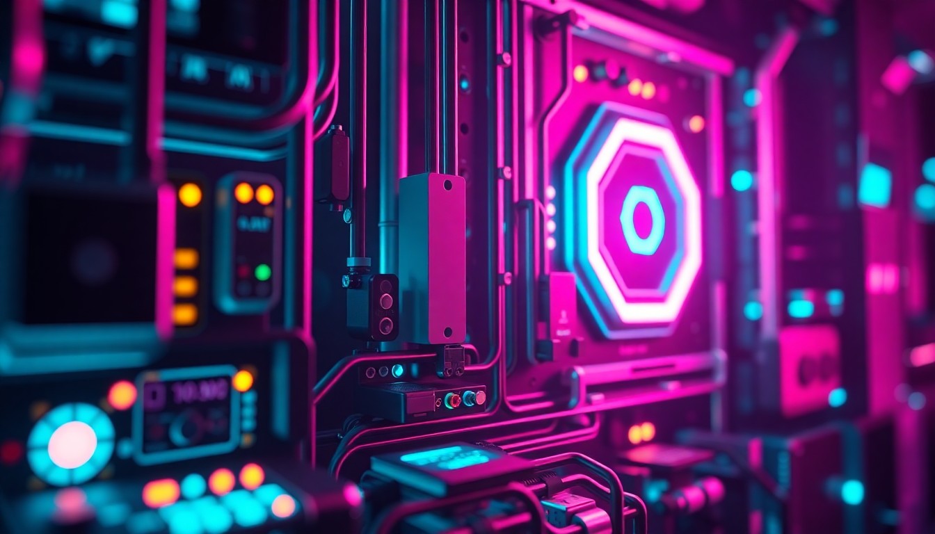 A highly detailed, glowing 3D illustration of an intricate AI hardware system, with neon blue and pink lights illuminating the various components and circuits. The image conveys a sense of advanced technology and the high-stakes nature of the story's subject matter.