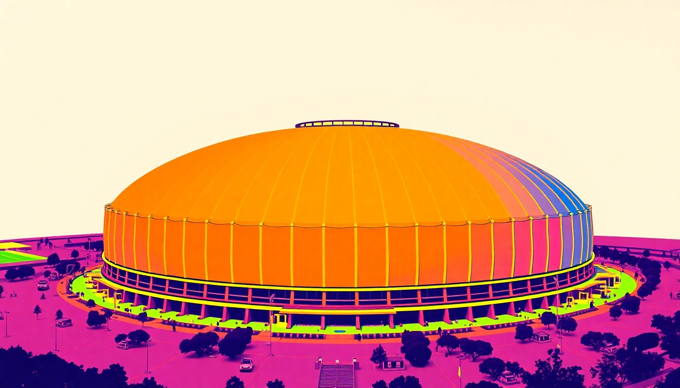 A bold, colorful silkscreen-style illustration featuring the distinctive domed shape of the Houston Astrodome repeated in a grid pattern, capturing the structure's status as a modernist architectural icon.