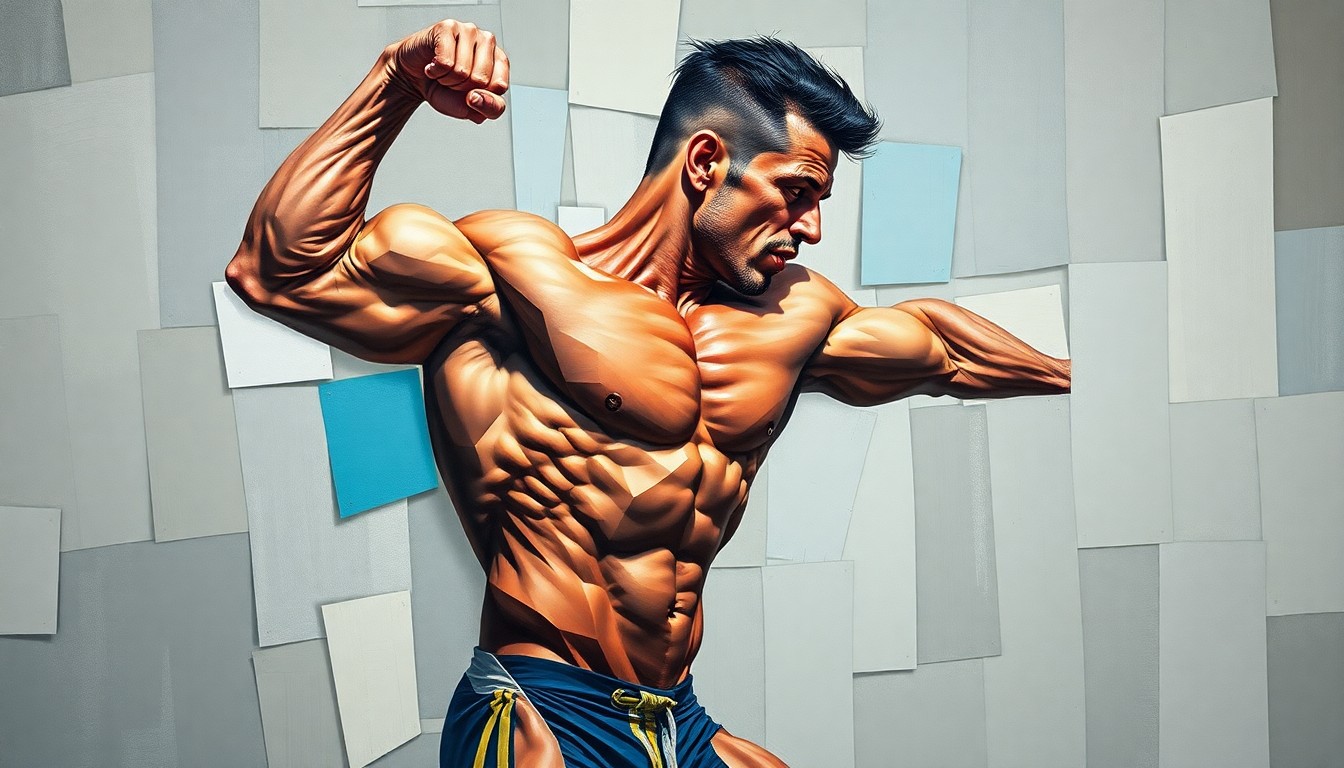 A cubist-style painting depicting the muscular form of a bodybuilder, broken down into sharp, overlapping geometric shapes and planes, capturing the raw power and energy of the sport.