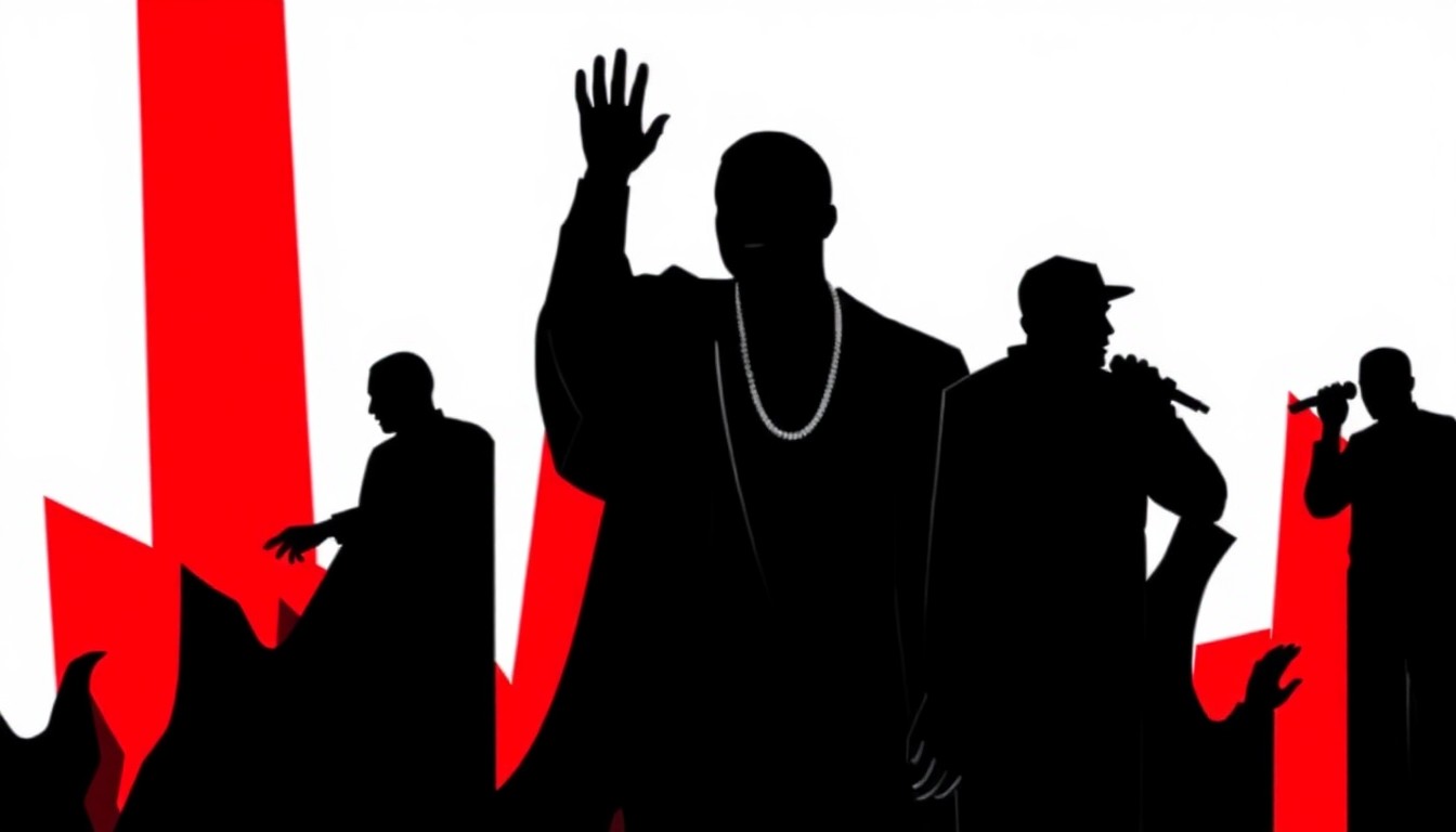 An abstract, minimalist composition featuring bold, jagged shapes and silhouettes in high-contrast colors, conceptually representing the complex tensions and dynamics surrounding Kanye West's controversial comeback performance.