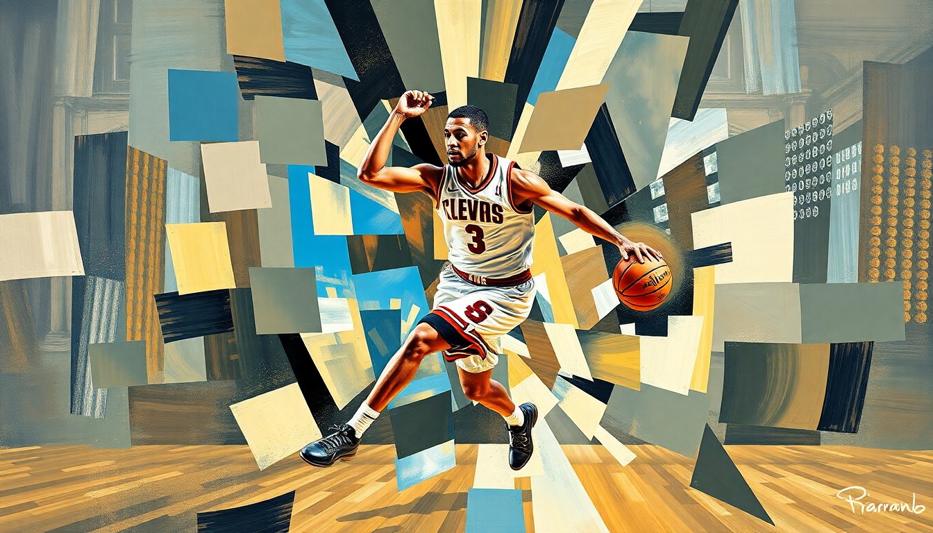 A fragmented, geometric painting depicting the dynamic movements and versatile skills of a college basketball player, with sharp, overlapping planes of color and form.