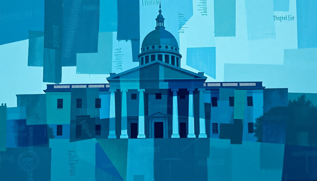 A fractured, abstract painting in shades of blue, green, and gray depicting the silhouette of a government building or courthouse, with overlapping, repeating geometric shapes and lines to convey a sense of motion and unrest, conceptually representing the tensions and complexities surrounding the investigation into the alleged misuse of public funds.