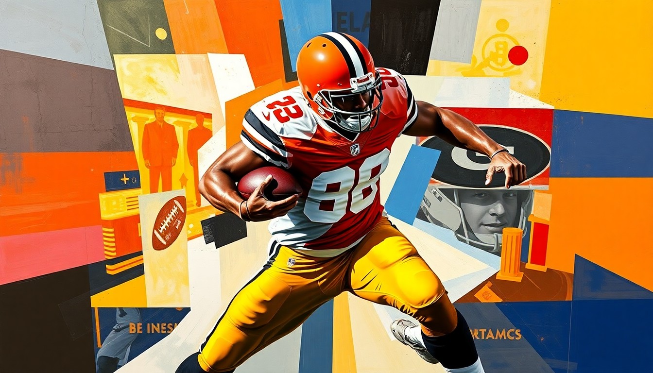 A fragmented, geometric painting depicting a football player in mid-sack motion, with sharp planes of orange, brown, and red representing the colors of the Cleveland Browns and San Francisco 49ers.