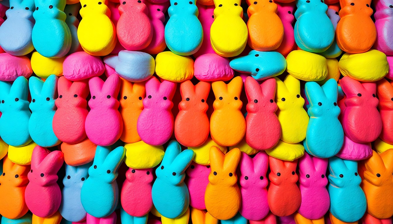 A vibrant, silkscreen-style illustration of stacked Peeps marshmallow candies in neon pink, yellow, and blue, repeated in a grid pattern to create a modern pop art effect.