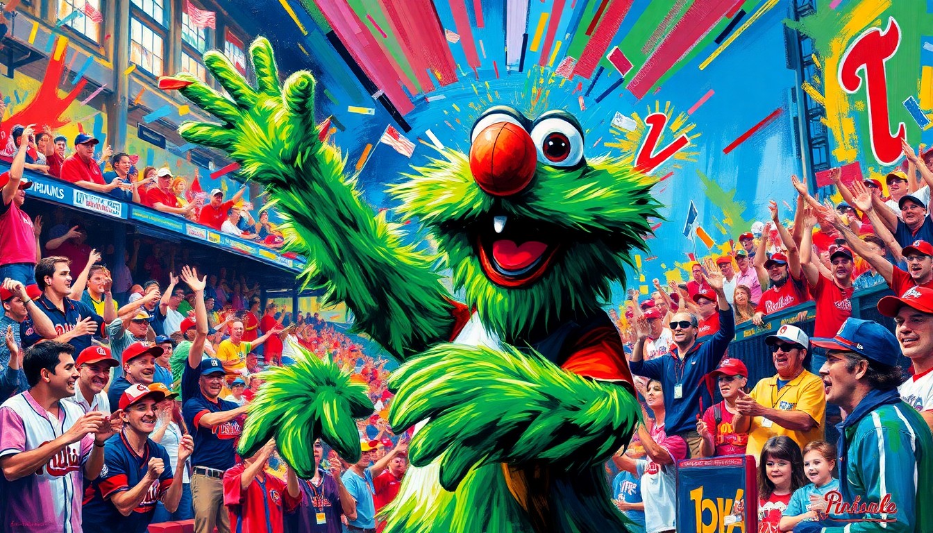 An abstract, expressionist painting in vibrant neon colors depicting the Phillie Phanatic mascot in motion, surrounded by a crowd of fans, conveying the lively energy and spirit of the birthday celebration.