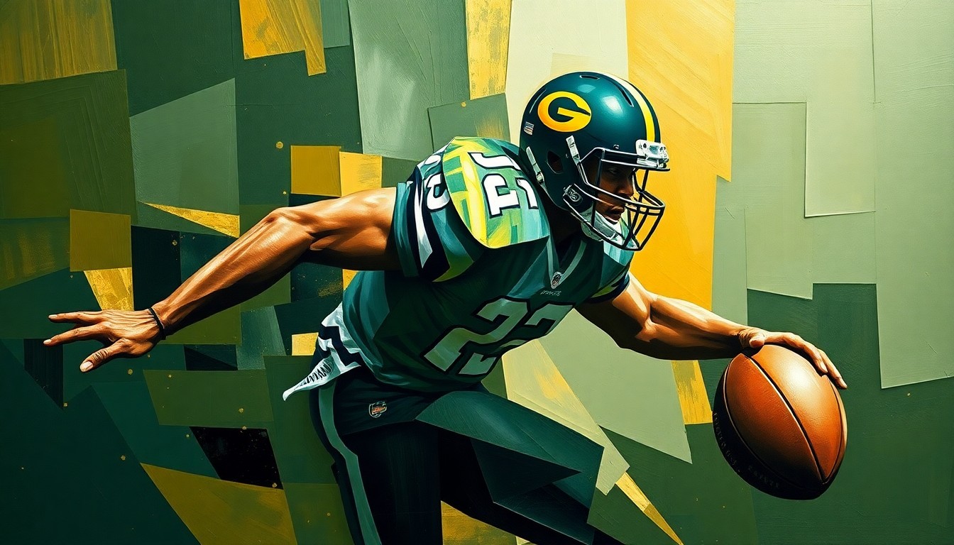 A cubist, geometric painting depicting a football player in coverage, with sharp, overlapping planes of color representing the fractured perspectives of the game.