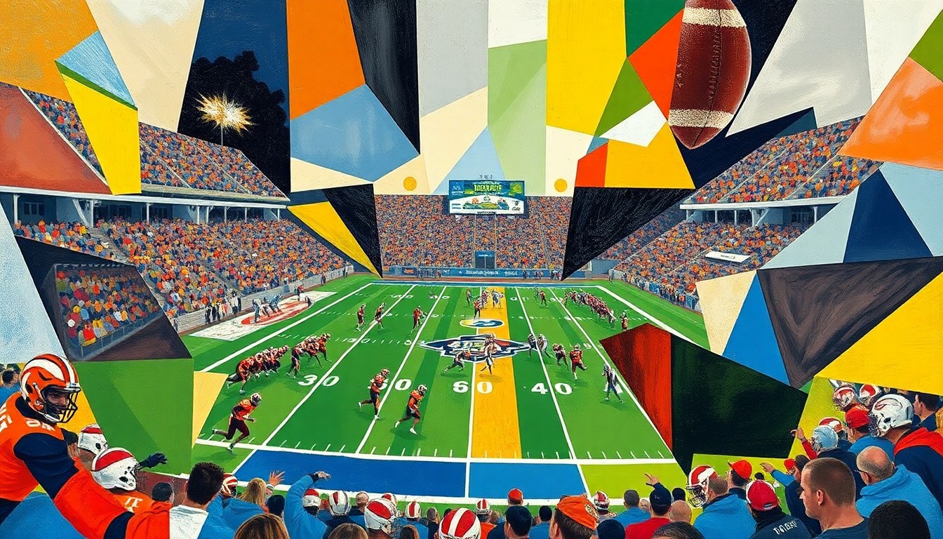 A fractured, cubist-style painting depicting a high school football game, with the players, field, and crowd broken down into abstract geometric shapes and planes of color, capturing the intensity and energy of the regional finals matchup.