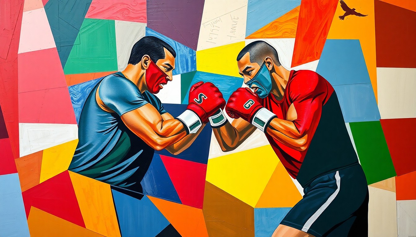 A fragmented, geometric painting depicting a boxing match or training session, with sharp, overlapping planes of color representing the complex dynamics between a boxer and his coach.
