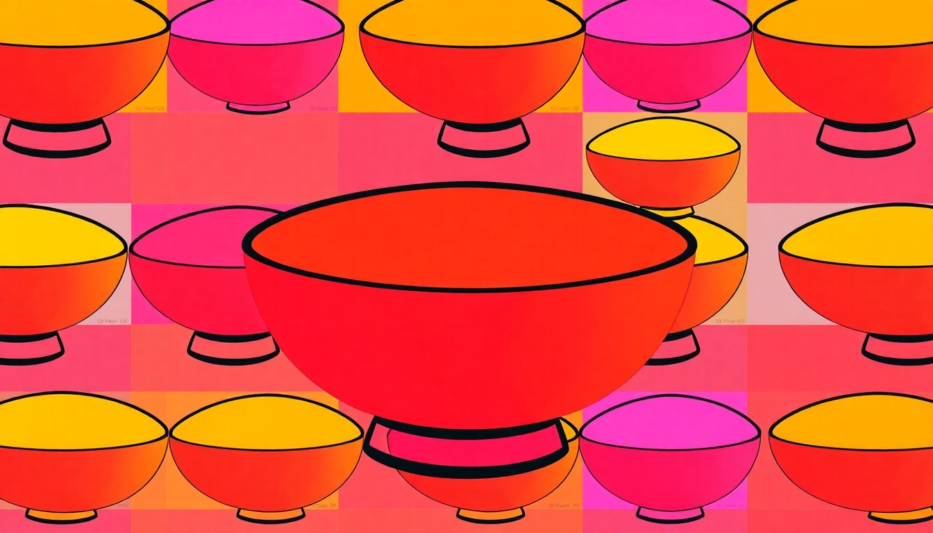 A brightly colored, high-contrast silkscreen print of a Chinese wok repeated in a tight grid pattern, utilizing vibrant neon colors and heavy black outlines to transform an everyday kitchen tool into a modern pop art piece.
