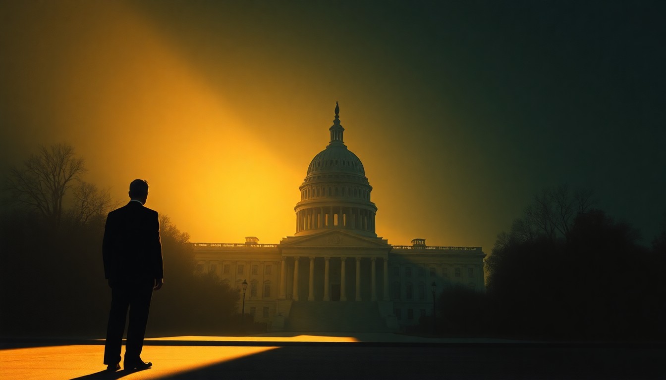 A serene, cinematic painting depicting a lone government building or political figure in warm, golden light, conveying a sense of quiet contemplation and the weight of political decisions.