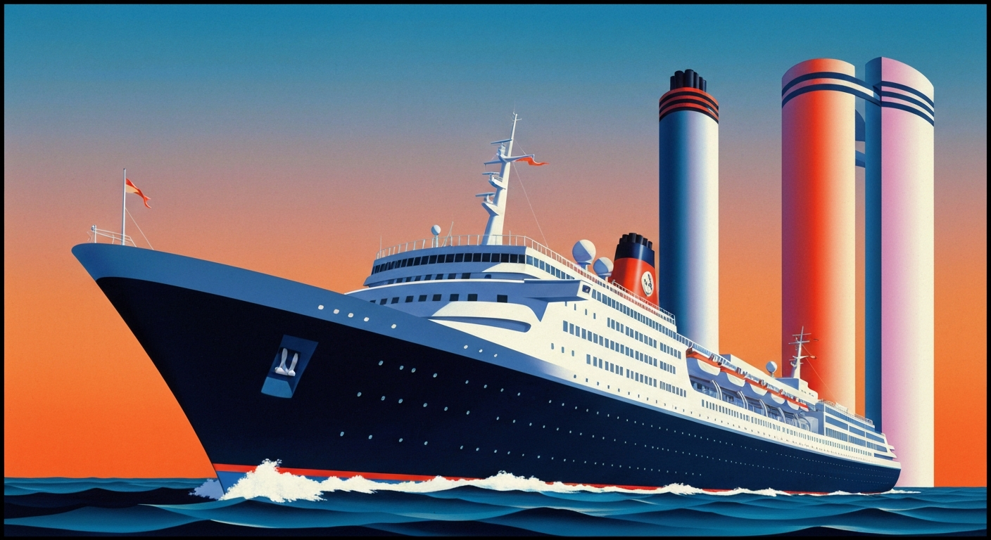 A bold, geometric illustration in the Art Deco style depicts the sweeping, grand scale of a cruise ship on the open ocean, capturing the romantic and elevated nature of the travel experience described in the story.