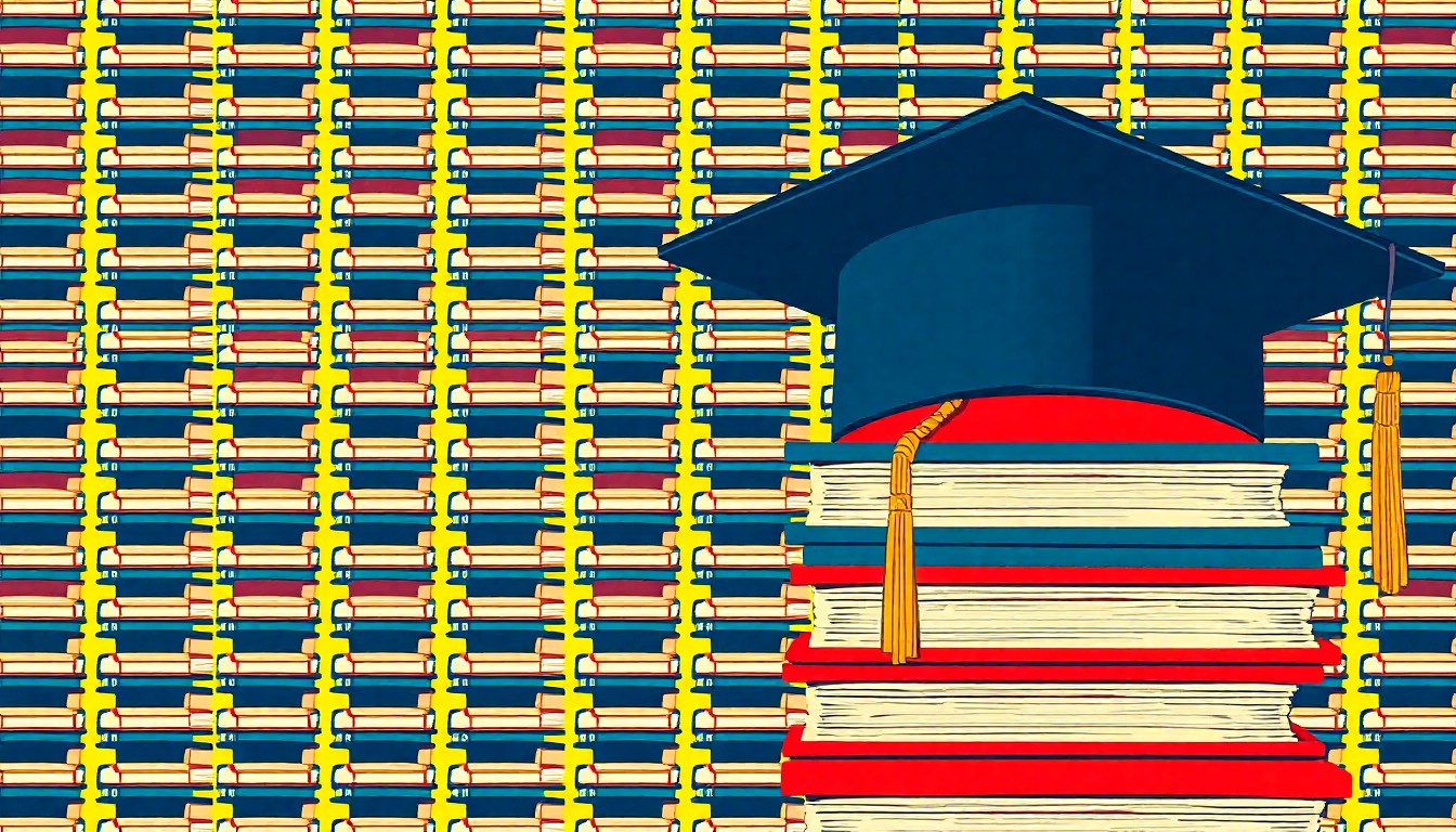 A vibrant, abstract grid of colorful silkscreen images depicting educational supplies like textbooks and a graduation cap, conveying the concept of the transformative power of prison education.