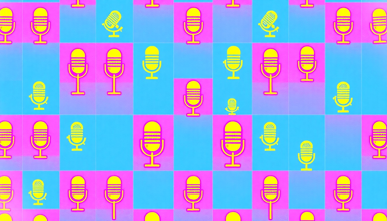 A bold, abstract silkscreen illustration featuring a repeating icon of a radio microphone in a grid pattern, using a vibrant neon color palette of blue, pink, and yellow to capture the energy and excitement of a community radio contest.