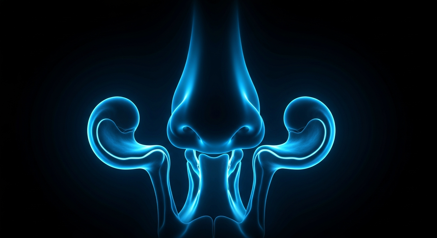 A ghostly, translucent X-ray image showing the intricate structures of the human nasal cavity and sinuses, visually representing the medical details behind distinguishing viral and allergy symptoms.