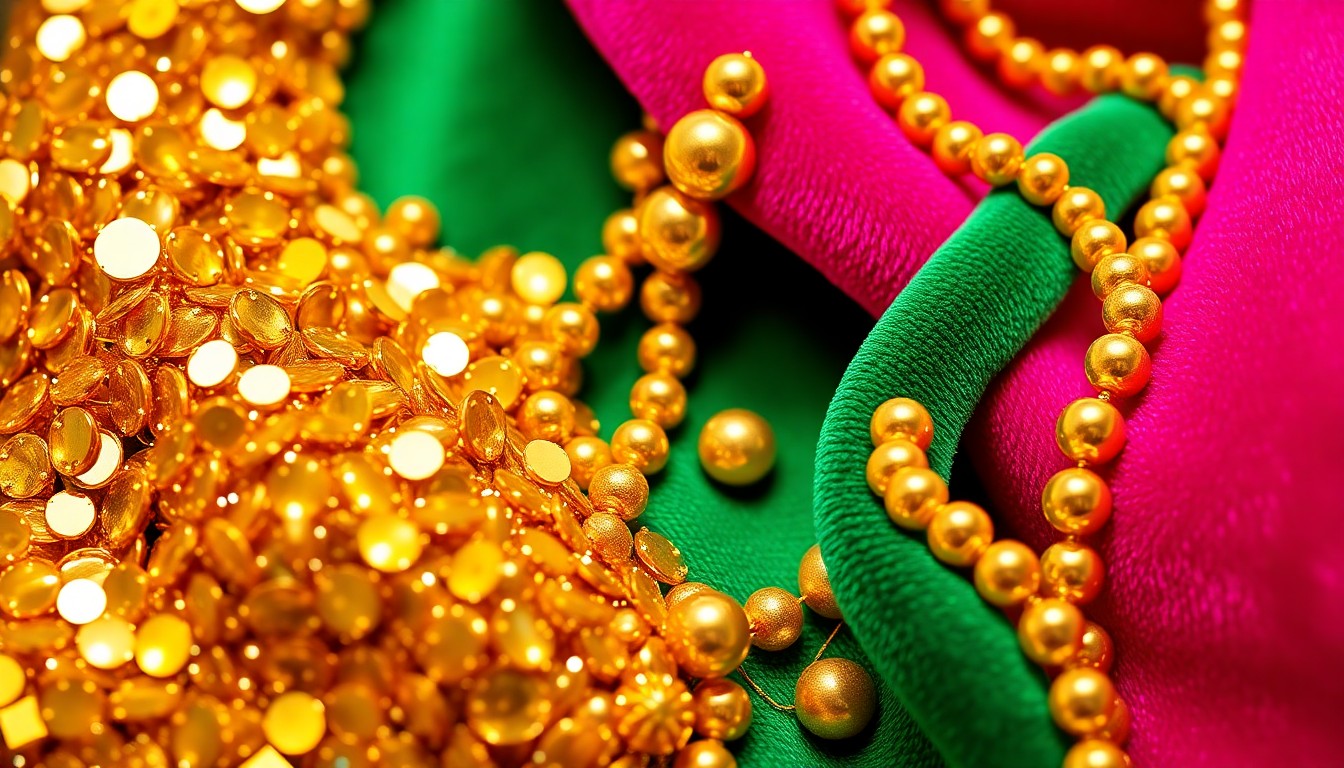 An extreme close-up photograph of shimmering sequins, beads, and plush velvet textures in a vibrant color palette, conceptually representing the glamour and excitement of the 'Troop Beverly Hills' sequel.