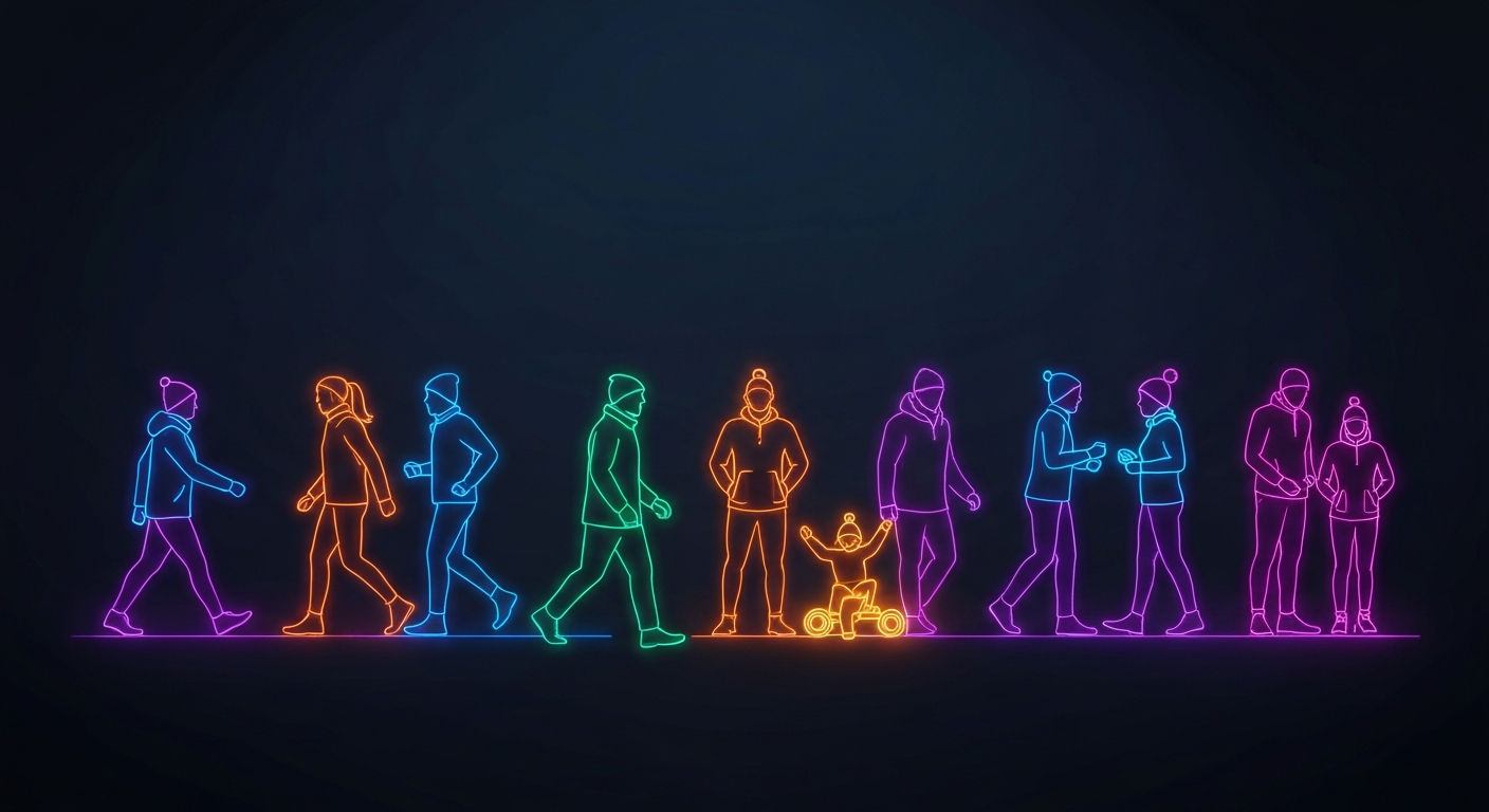 An abstract illustration featuring glowing neon outlines of people engaged in various winter activities, conveying the vibrant energy required to overcome seasonal depression.