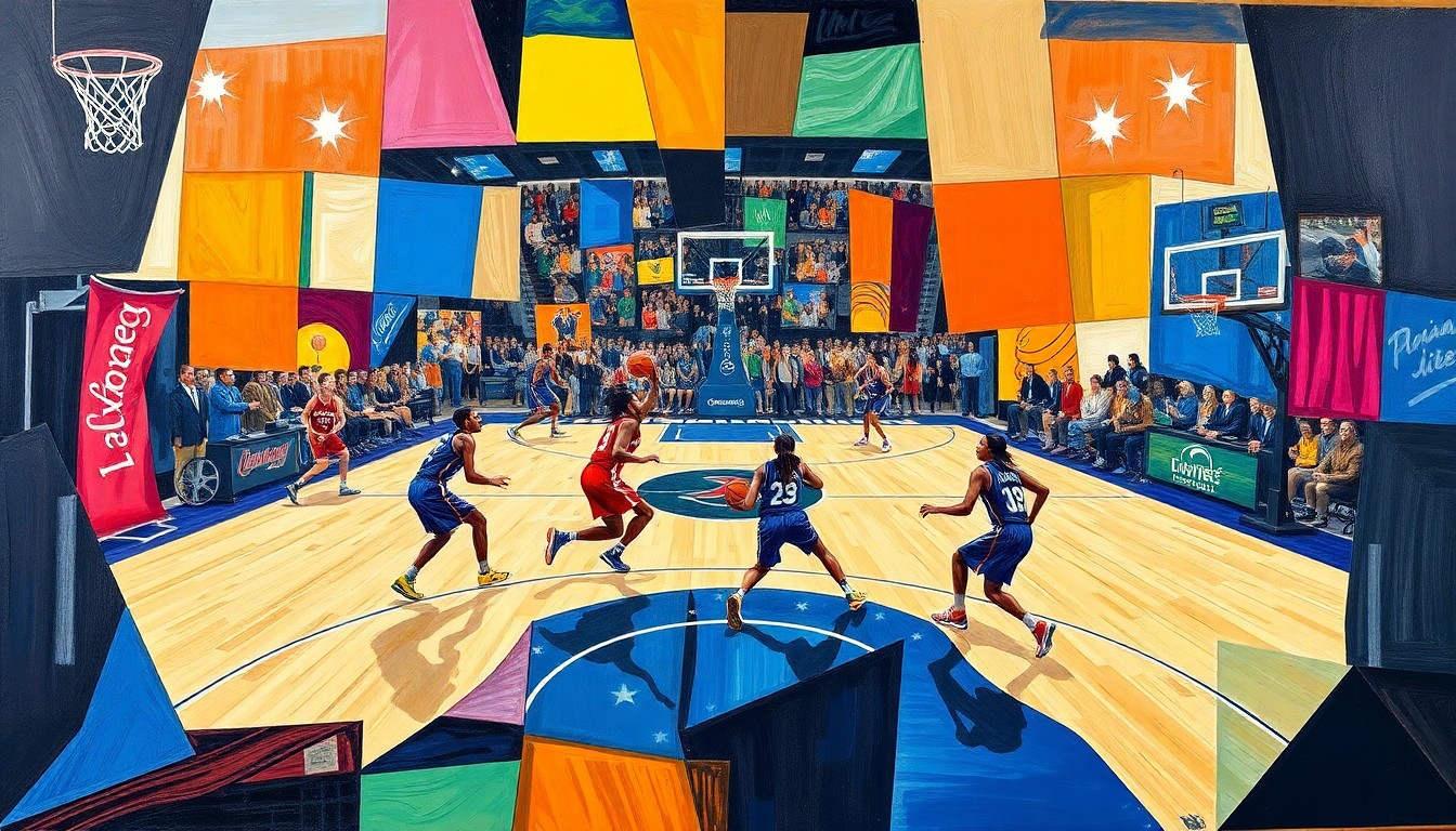 A cubist, geometric painting depicting the dynamic movements and energy of a WNBA basketball game, with the players and court abstracted into sharp, overlapping planes of color and shape.