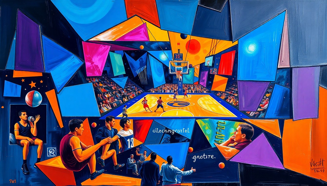 A fragmented, geometric painting depicting the motion and energy of a basketball game, with sharp planes of color representing the players and action on the court.