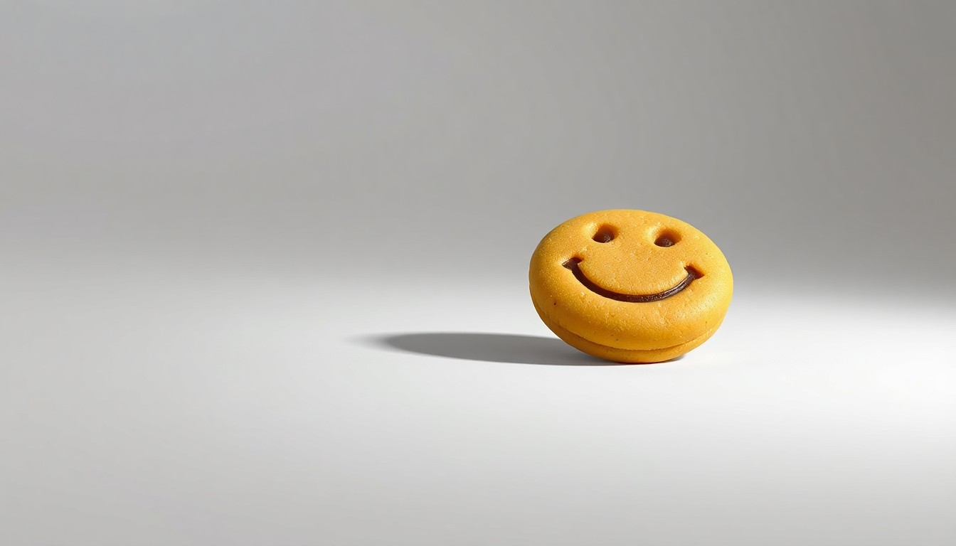 A high-contrast, photorealistic studio photograph of a single Eat'n Park Smiley Cookie, its iconic yellow color and cheerful shape highlighted against a clean white background through dramatic lighting and shadows.