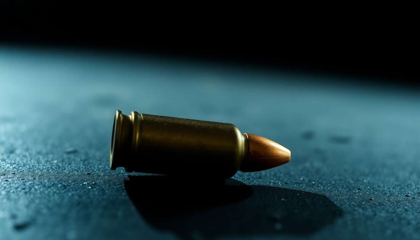 An extreme close-up of a spent bullet casing on a dark surface, conceptually representing the physical evidence collected from the Union Township shooting.