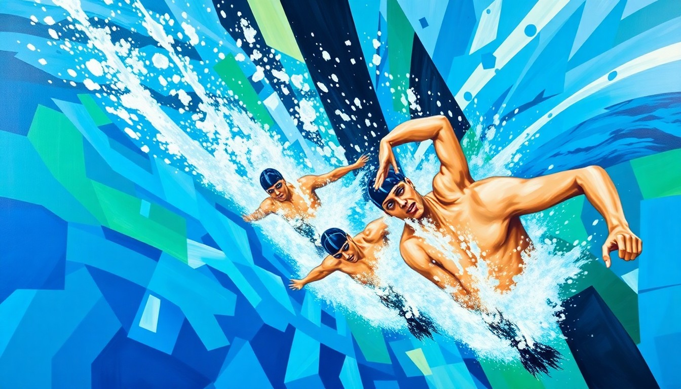 A cubist, geometric painting depicting the chaotic energy and overlapping perspectives of a college swimming competition, with vibrant blues, greens, and whites representing the water and swimmers' movements.
